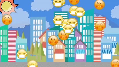 Multiple-nauseated-and-face-mask-Emoji-floating-against-cityscape