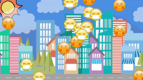 múltiples emoji de náuseas y máscaras faciales flotando contra el paisaje urbano