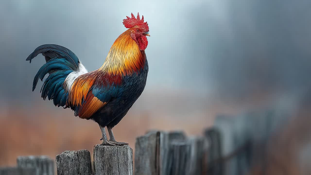 Un gallo maestoso appollaiato con orgoglio su un palo di recinzione invecchiato, che sfoggia piume mozzafiato dai colori vivaci su uno sfondo morbido e nebbioso.