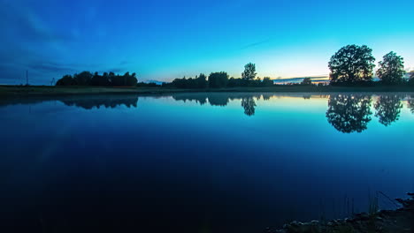 time-lapse of setting sun in cloudy sky reflecting over lake water surface at sunset