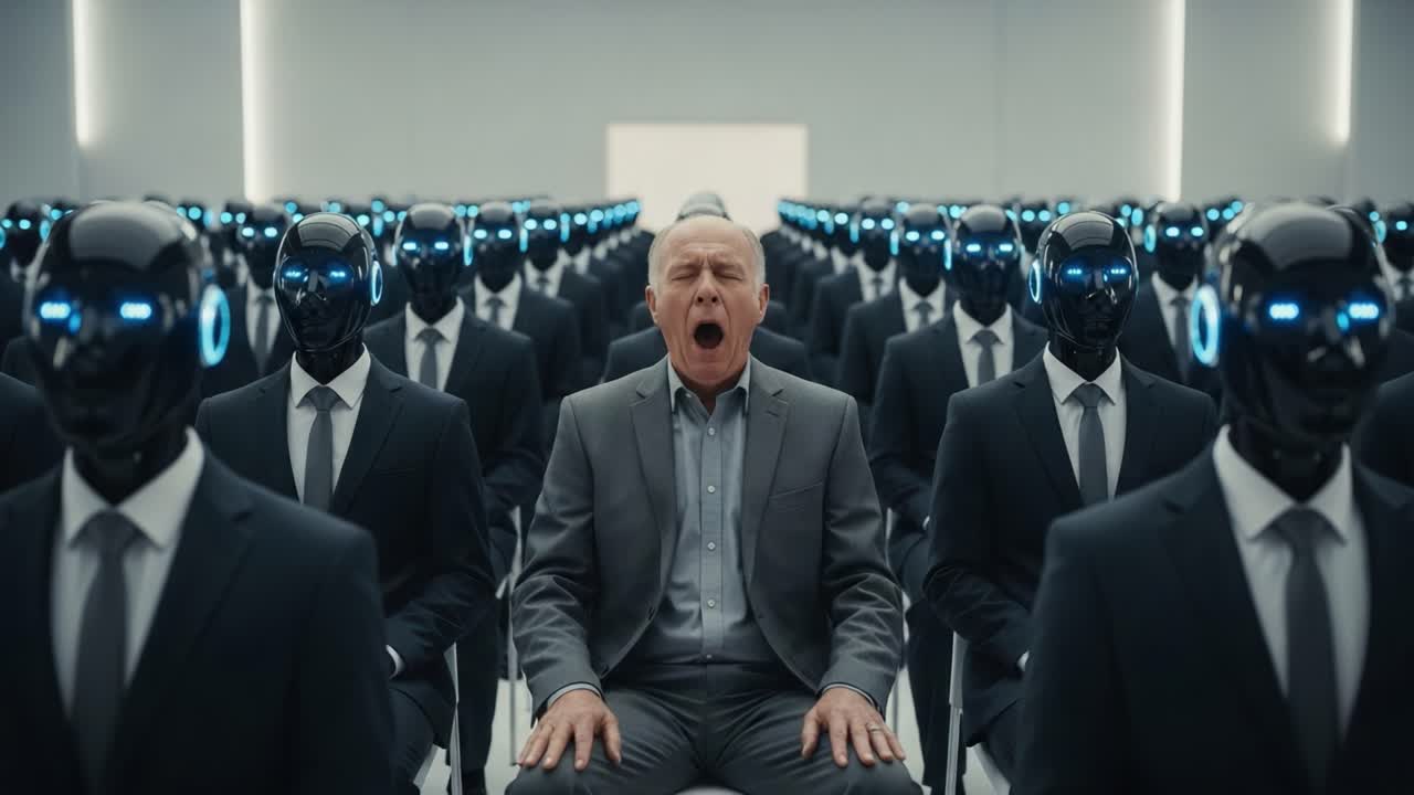 A solitary figure sits among a sea of robotic entities, illustrating the stark contrast between human emotion and machine detachment in a futuristic setting.