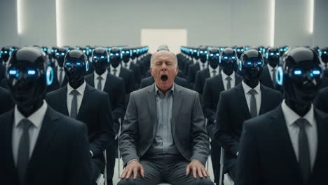 a solitary figure sits among a sea of robotic entities, illustrating the stark contrast between human emotion and machine detachment in a futuristic setting.