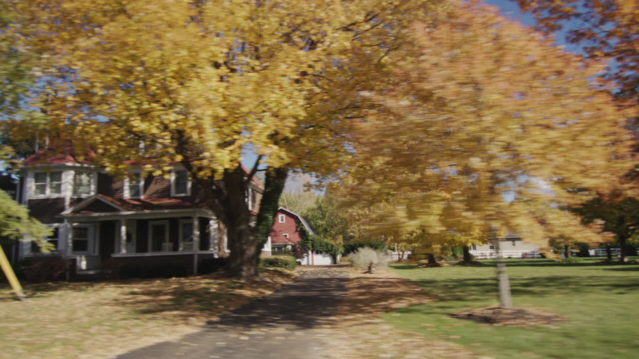 뉴욕 주에 있는 전형적인 미국 교외를 가로질러 운전하는 자동차의 창문에서 보이는 측면 전망. 4k 비디오