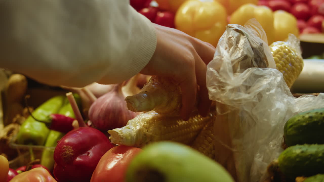 Hand Picking Fresh Corn from a Colorful Vegetable Market Stall