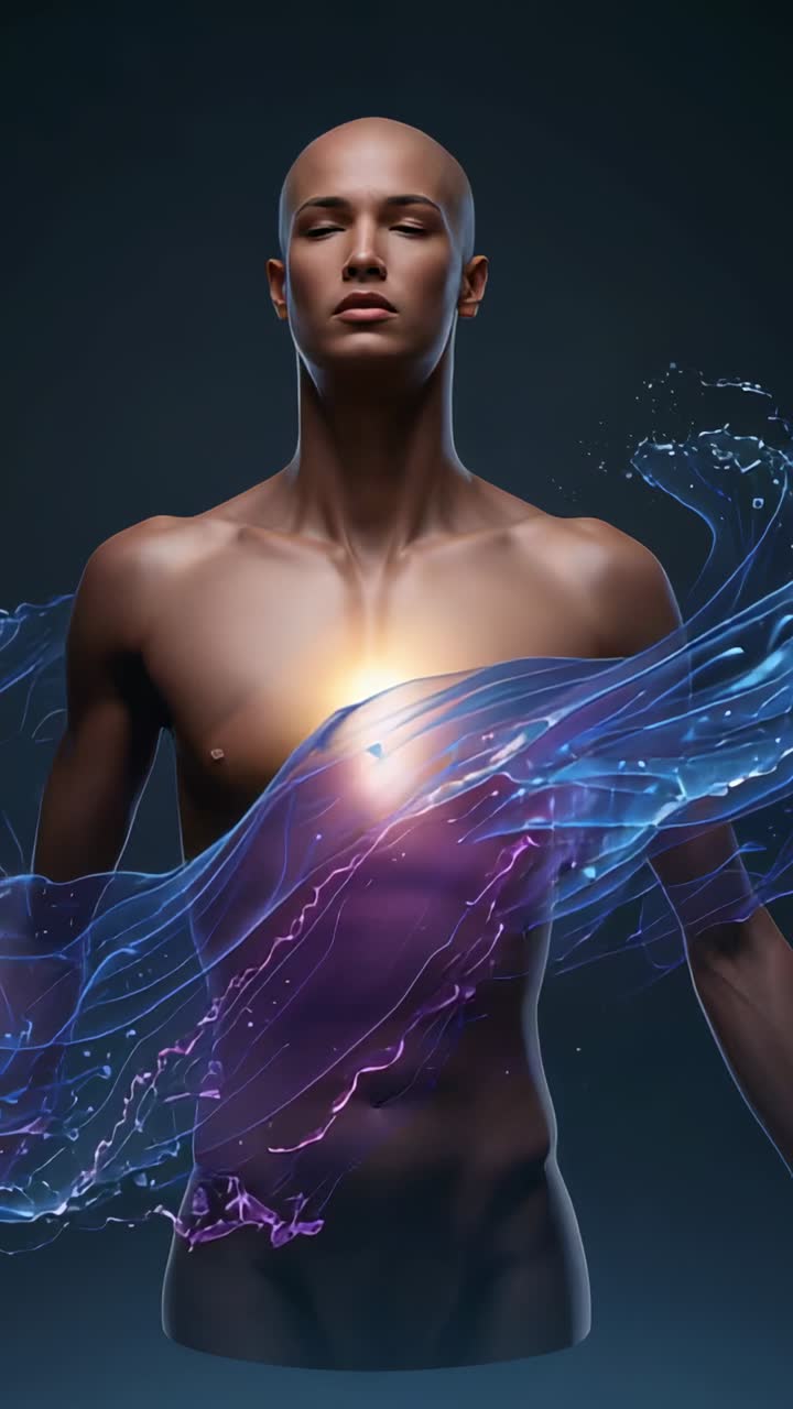 Vertical video: Sweeping ribbon crossing chest bare torso in void chest glow expanding showing core