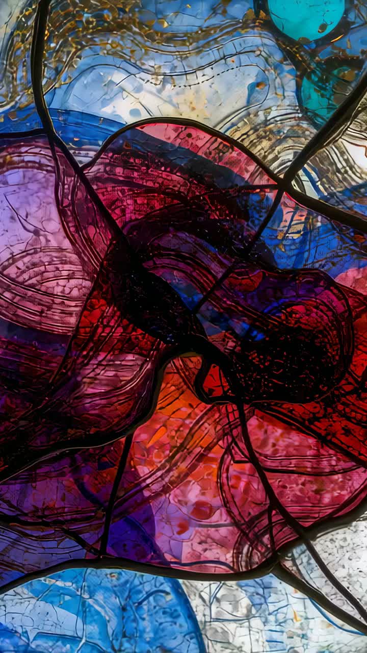 Vertical video: Tilting camera revealing stained glass window showing lead lines, backlit textures