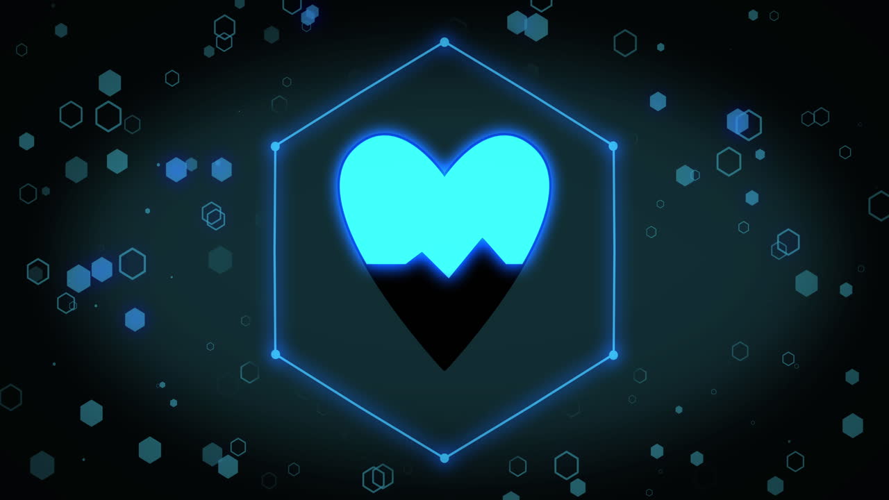 검은색 바탕에 육각형 위에 심장 사진 아이콘을 가진 심장의 애니메이션