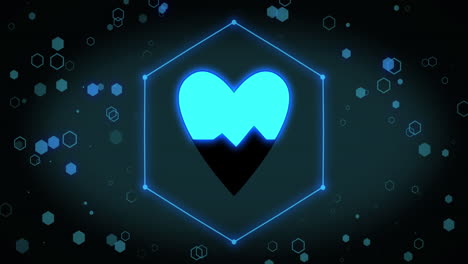 animación del corazón con icono de cardiógrafo sobre hexágonos sobre fondo negro