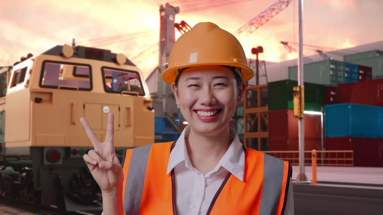 Close Up Of Asian Female Engineer With Safety Helmet Smiling And Showing Peace Gesture With Freight Cargo Train At Port