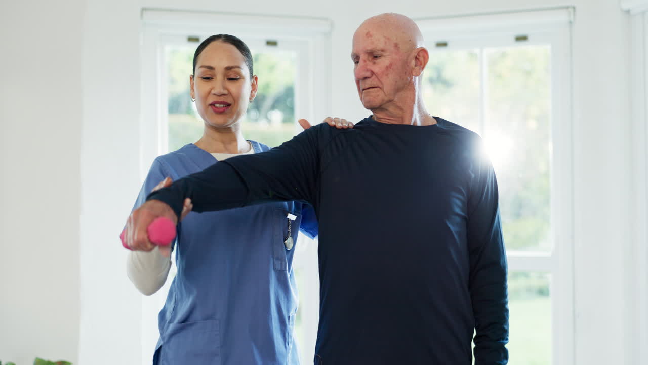 Dumbbells, exercise or recovery with a nurse