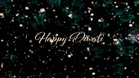 animation of happy diwali over fireworks on black background