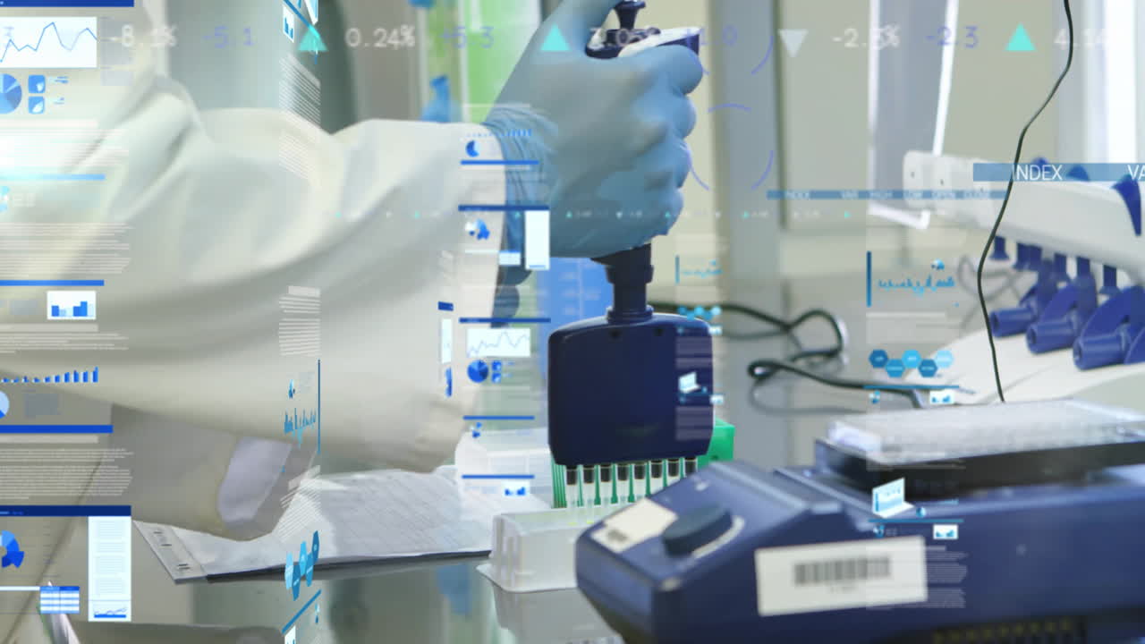 연구실에서 일하는 백인 여성 과학자에 대한 금융 데이터 처리의 애니메이션