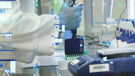 animación del procesamiento de datos financieros sobre una científica caucásica que trabaja en un laboratorio