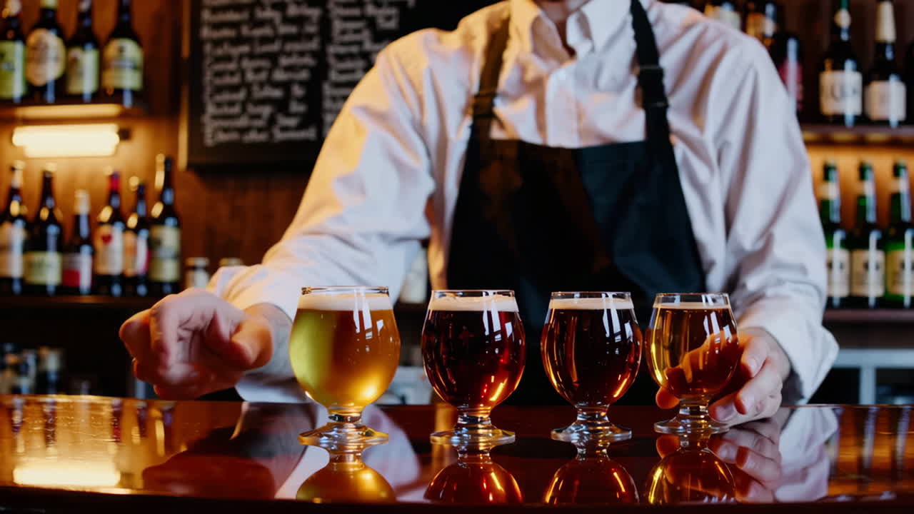 Bartender Tasting Different Beers at a Bar