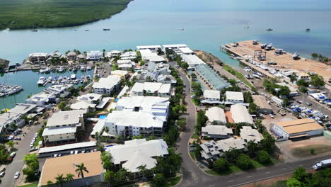 Aerial-drone-footage-of-marina-blue-ocean-sea-water