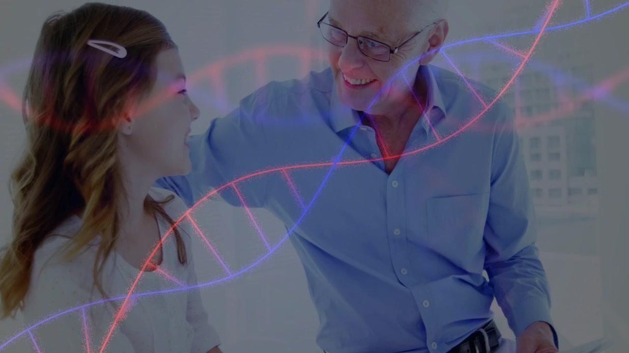 Moden mand giver high-five med en lille pige, med et DNA-helix-overlay, der forbinder til en tablet, hvilket symboliserer samhørighed.