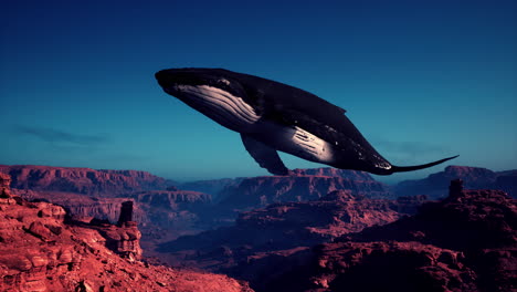 surreal image of a humpback whale flying over a desert canyon