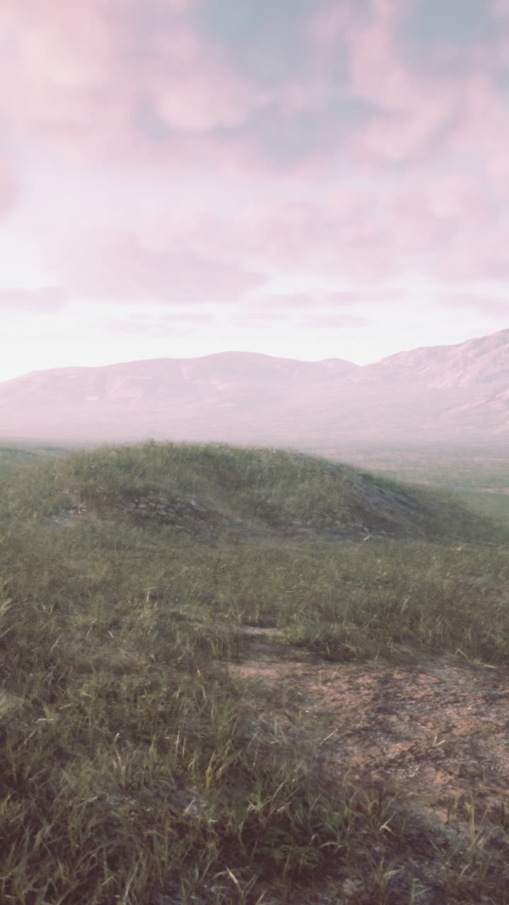 tranquilo campo de hierba con vistas a las montañas y un cielo brumoso