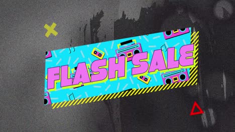 animación del texto de venta flash en la burbuja de habla retro con formas abstractas