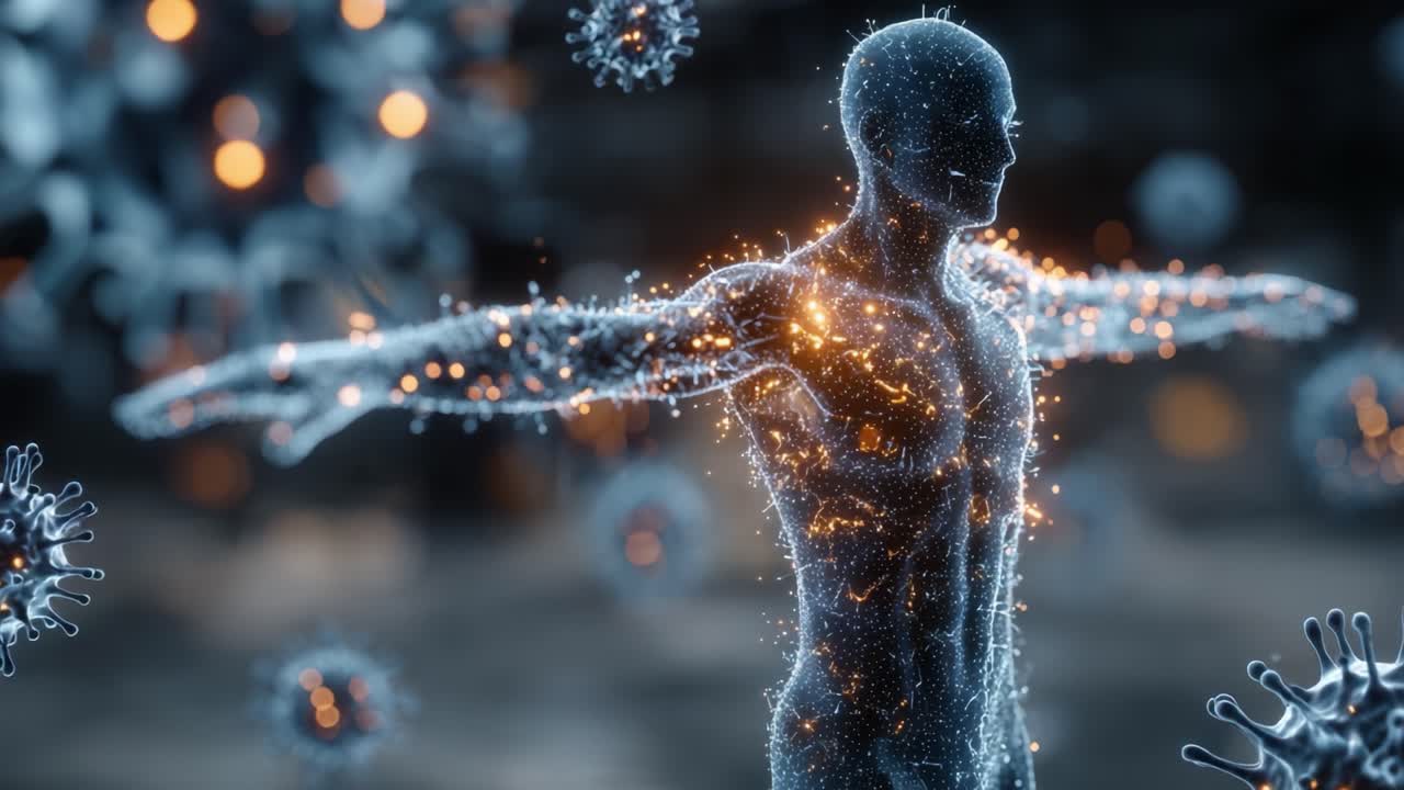 Una straordinaria visualizzazione del corpo umano con i virus: la danza dell'immunità e dei patogeni in un ambiente biologicamente dinamico