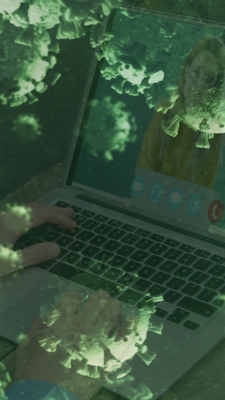 animación de las células de covid 19 sobre una mujer de negocios en una videollamada portátil