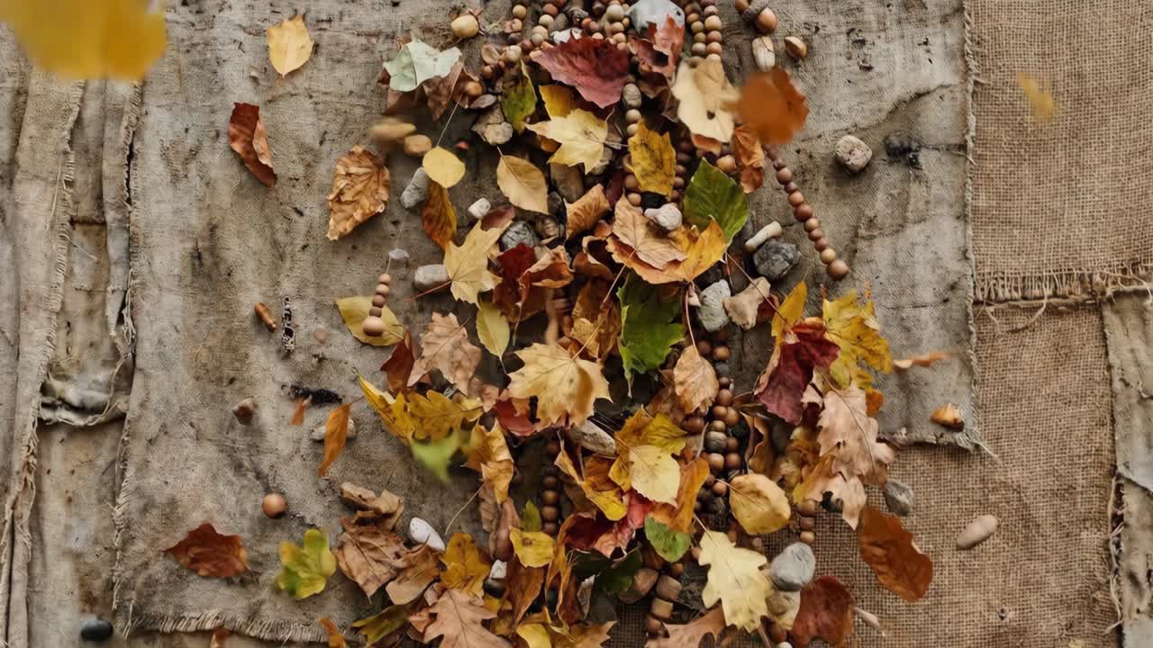 Foglie autunnali colorate che cadono su uno sfondo di tessuto rustico