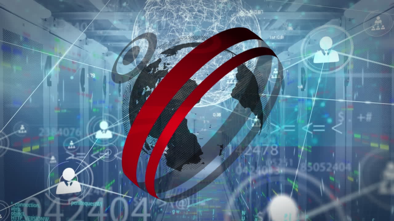 연결된 아이콘, 다중 인터페이스, 서버 의 컴퓨터 언어에 대한 지구상의 애니메이션