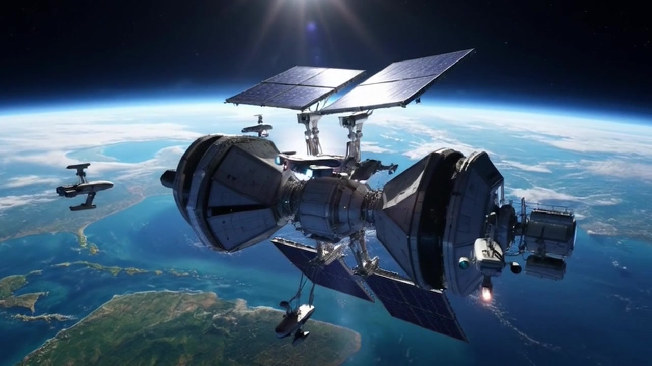 Stazione spaziale futuristica in orbita attorno alla Terra con navi spaziali