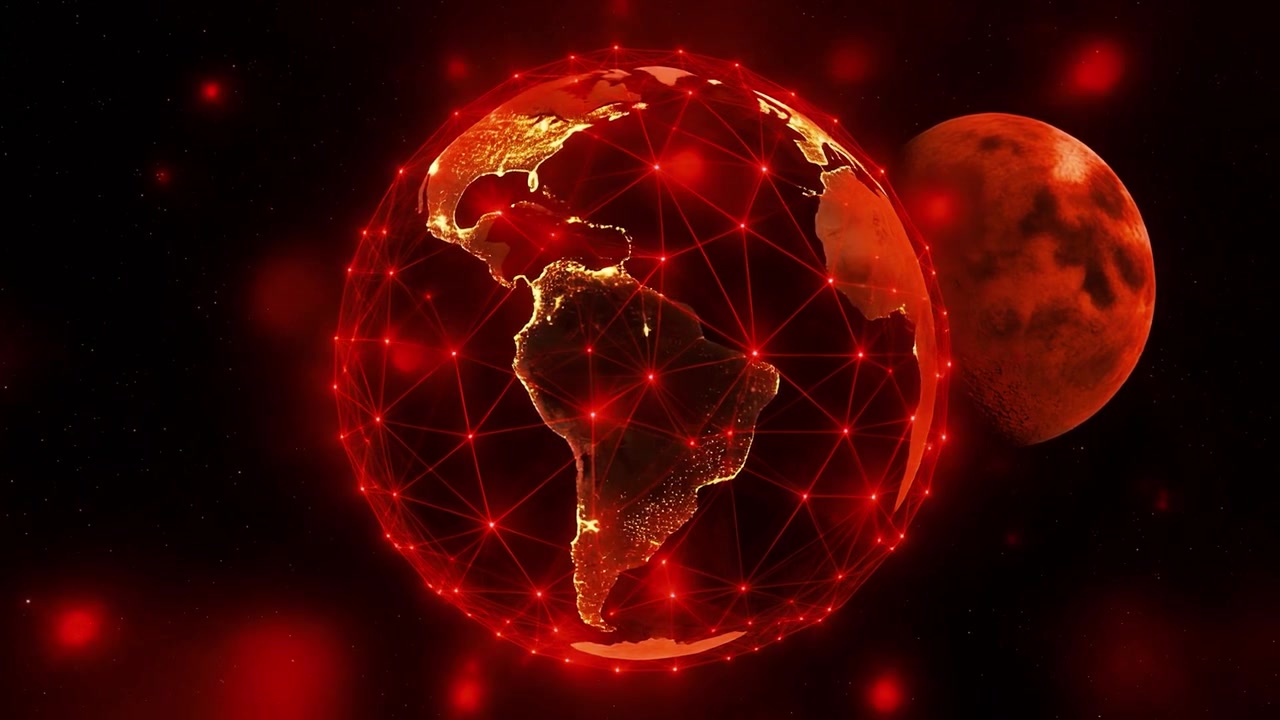 Globo Terrestre Digitale con Connessioni di Rete Rosse e Luna nello Spazio