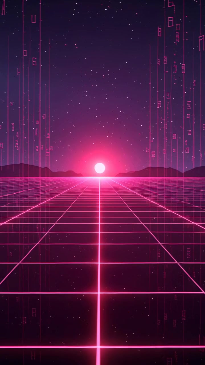 Video verticale: Griglia neon magenta pulsante in loop con un sole centrato all'orizzonte sintetico, dati che cadono.