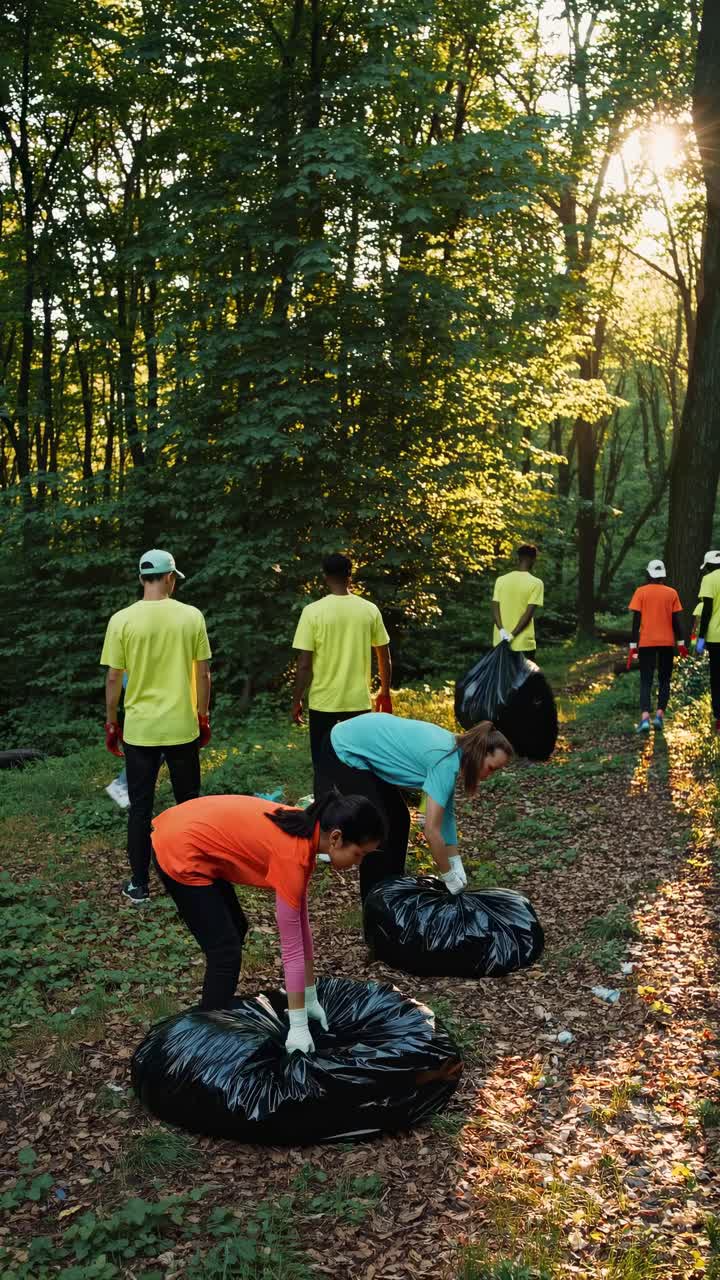 A group of volunteers cleaning a forest, captured from a low angle