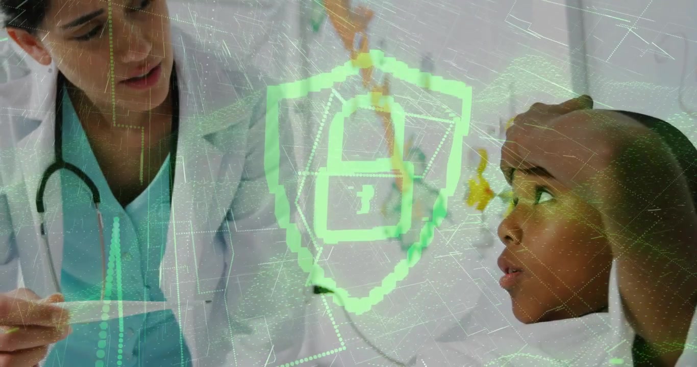Médico usando termômetro de testa medindo a temperatura à beira do leito, ativando ícones de escudo e cadeado