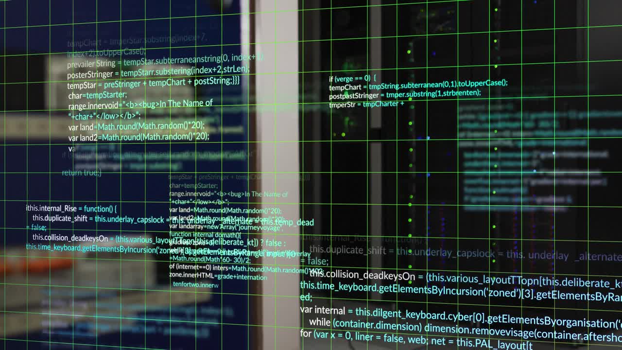 Animation of programming language and grid moving over server room