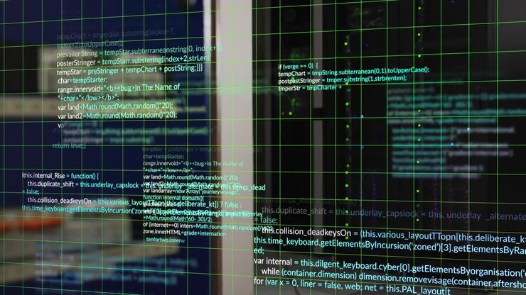 Animazione di linguaggio di programmazione e griglia che si muovono su una sala server