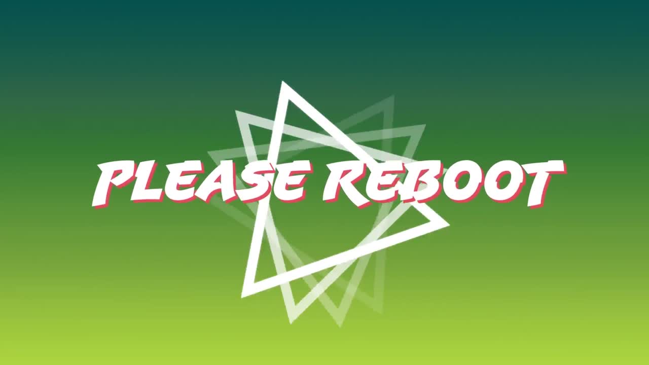 ⁇ 색 텍스트의 애니메이션은 회전하는 삼각형 위에서 회전하는 녹색 배경에 재부팅하십시오.