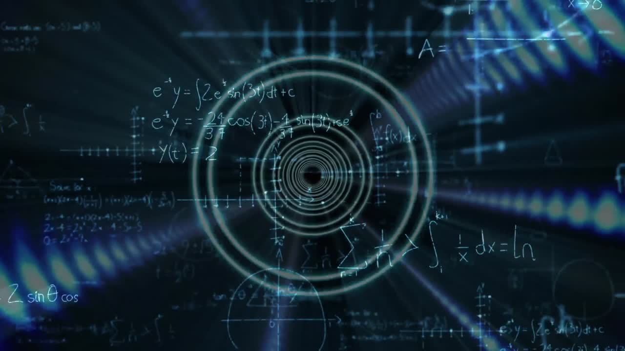 animación de ecuaciones matemáticas sobre senderos de luz azul y túnel redondo en un patrón sin costuras