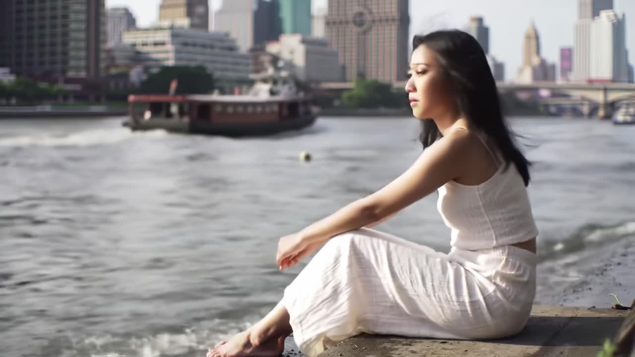 Woman sitting by the river in a city