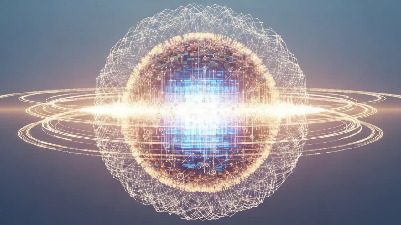 A Glowing Sphere Surrounded by Radiant Energy Waves Illustrating Advanced Digital Technology and Complex Data Flow in a Futuristic Environment