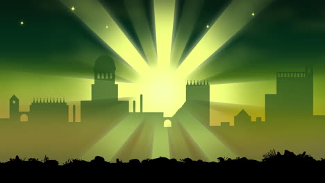 animation of city and green shooting star on green background