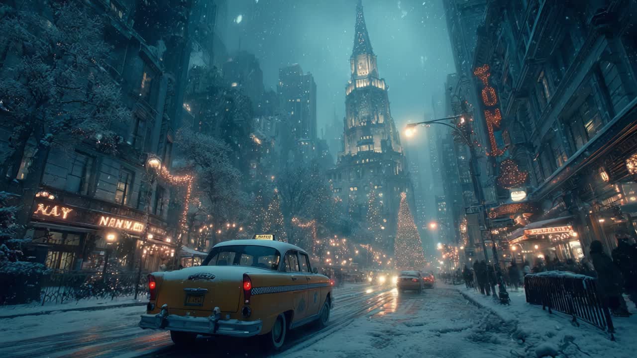 A Winter Wonderland Scene Featuring a Yellow Taxi in a Snowy Urban Environment with Illuminated Buildings, Festive Decorations, and a Christmas Tree