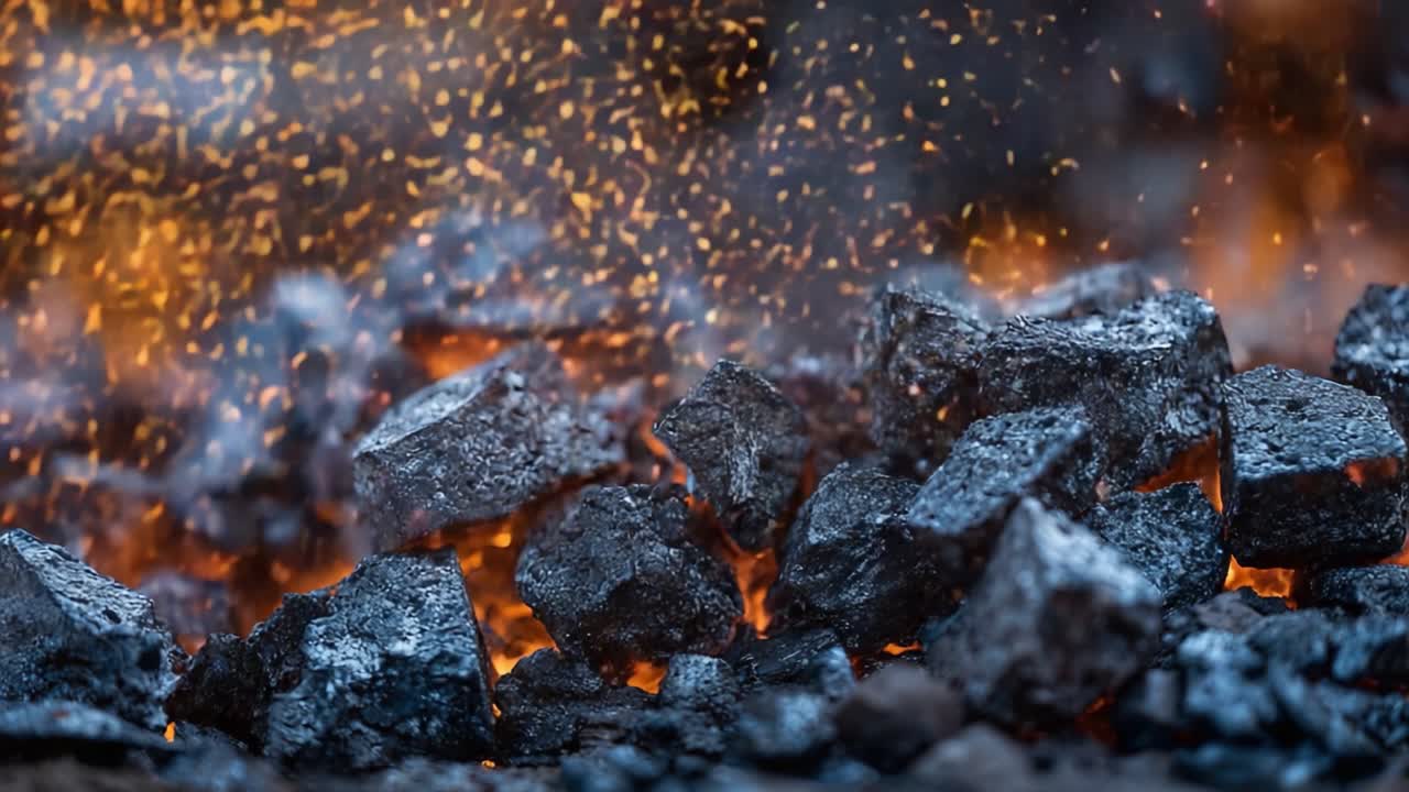 火花が飛び散る赤々と燃える炭の劇的なクローズアップ。火の情景の激しい熱とエネルギーを、息をのむような精細さで捉えています。