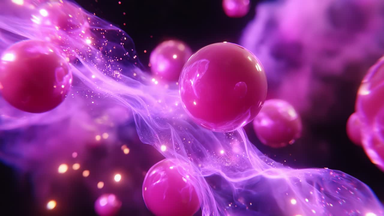 Dynamic and Vibrant Visualization of Pink Spheres and Ethereal Energy Waves, Capturing the Essence of Cosmic Interactions and the Beauty of Molecular Structures in a Mesmerizing Abstract Environment