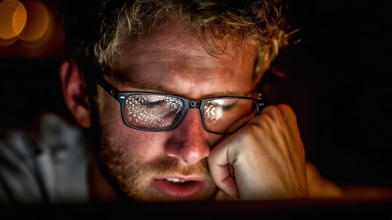 A Pensive Young Man Deep in Thought, Illuminated by Soft Light from a Screen, Capturing a Moment of Introspection and Contemplation Against a Dimly Lit Background