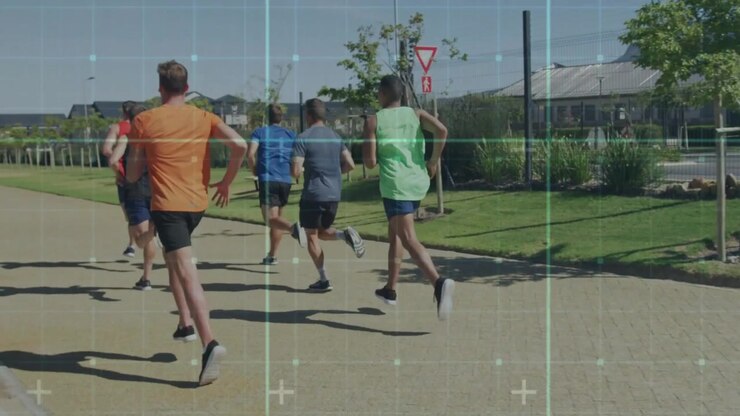 Running group initiating fitness run, camera tracking behind, grid overlay appearing across frames