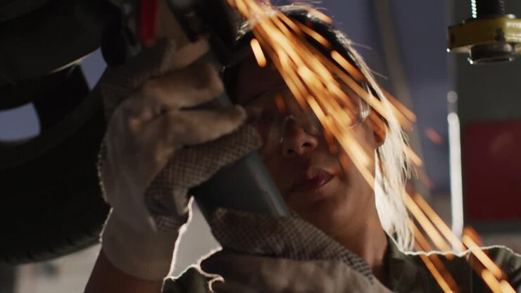 Video of biracial female car mechanic using grinder