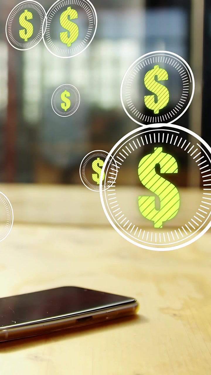 Video verticale: Animazione di un telefono che si apre, con monete di dollari che fluiscono verso di esso e aumentano per mostrare i pagamenti.
