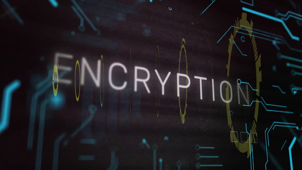 검은색 바탕에 디지털 데이터 처리를 통해 암호화 텍스트의 애니메이션