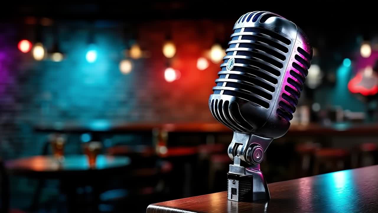 un micrófono sentado encima de una mesa de madera