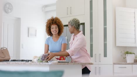 Happy-diverse-female-lesbian-couple-unpacking-groceries-in-kitchen-in-slow-motion