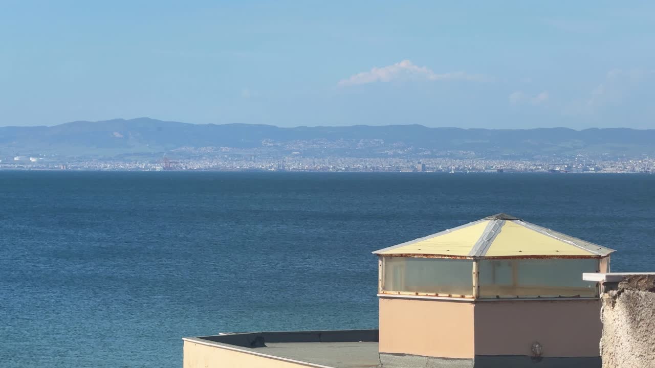 Mediterranean sea coastline view from Greece accommodation balcony roof